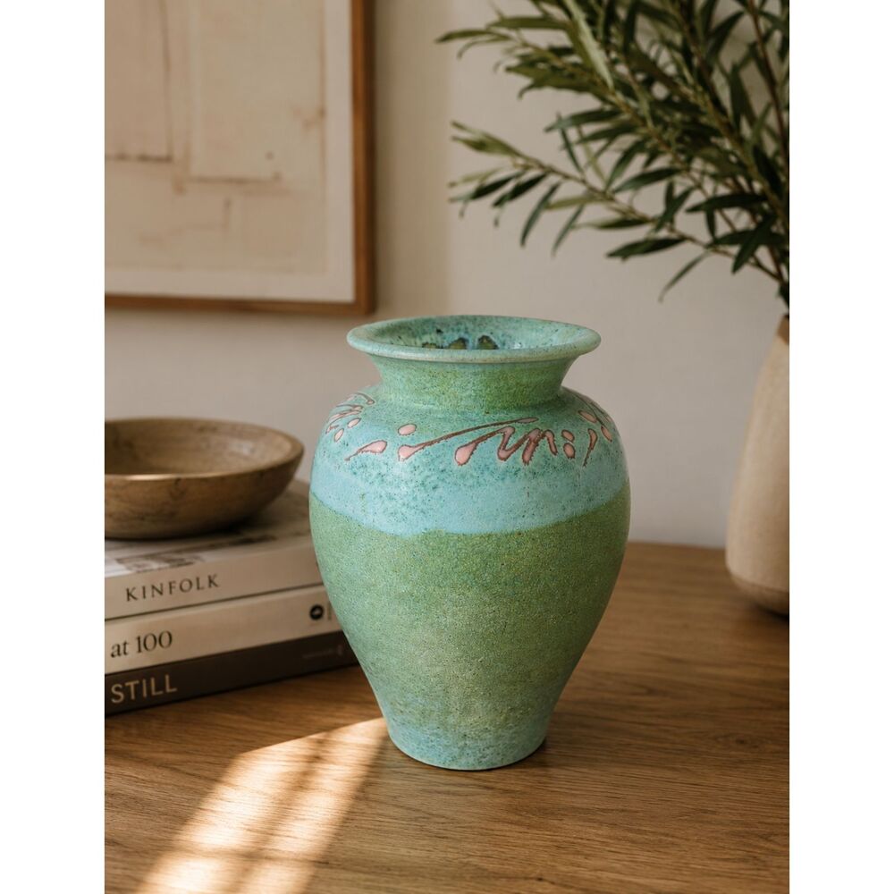 Signed Hodaka Studio Pottery Vase, ’93 – Turquoise & Celadon Stoneware Pottery